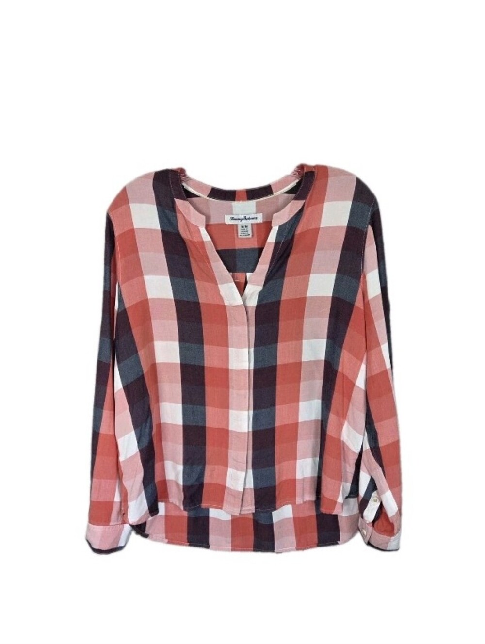 Tommy Bahama Buffalo Check Popover Shirt Size M Coral Multi High Low Hem Coastal